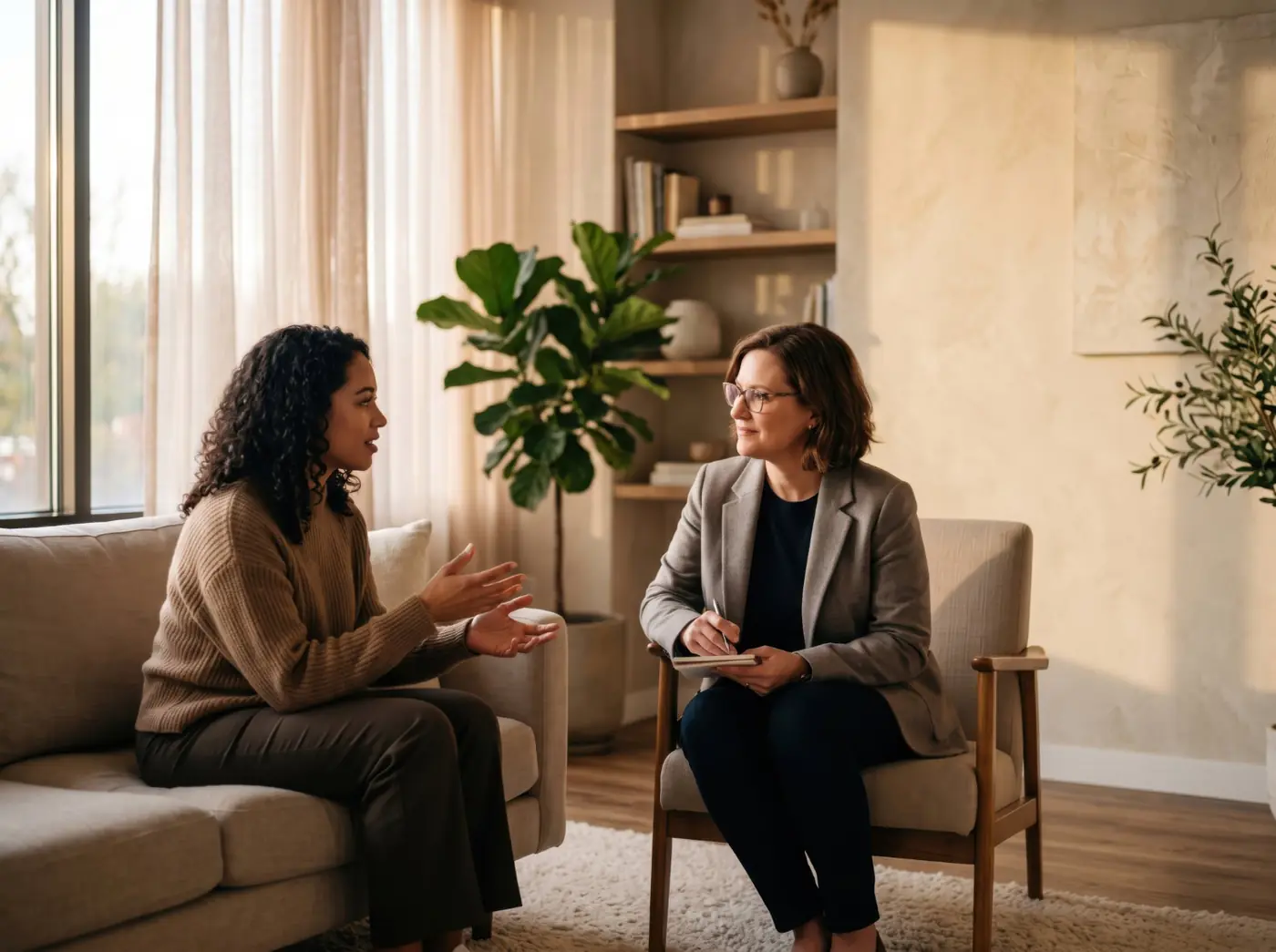 Duas mulheres conversando com atenção em uma sala acolhedora