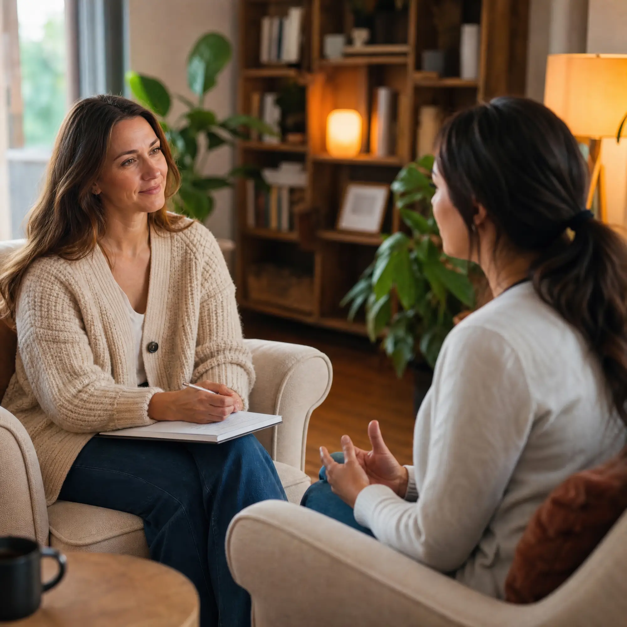 Profissional e paciente conversando em uma sala aconchegante com livros e luz quente